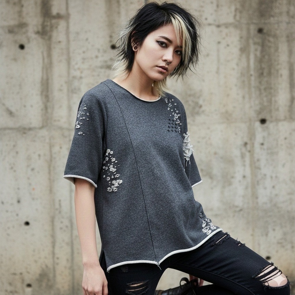 Vintage Square Zero Distressed Cotton Tunic Sweatshirt Top L Y2K Indie Grunge